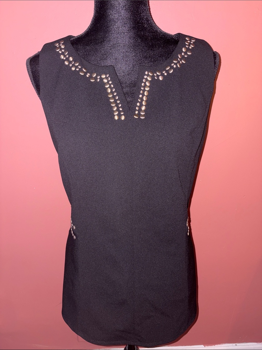 dennis basso Black Sleeveless Top with Gold Stud Detailing